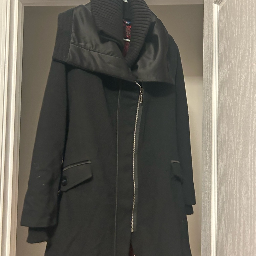 Desigual Rainbow Black Tweed Women's Coat Double Collar size 42